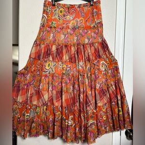 Solitaire Orange and Pink Floral/Plaid, Patchwork, Tiered Midi Skirt. Pull On. M